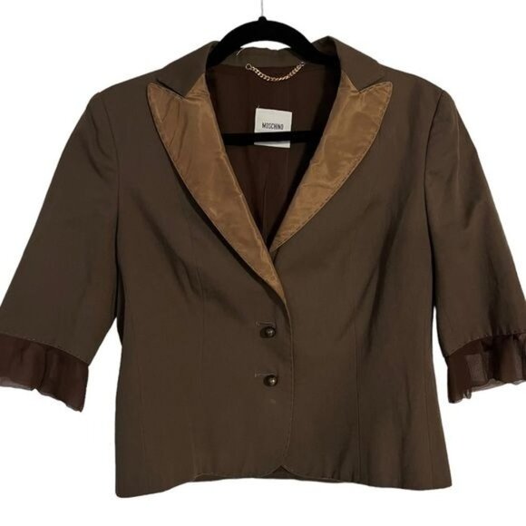 MOSCHINO Brown Blazer Jacket With Ruffled Sleeve Size US 10 - Picture 1 of 16